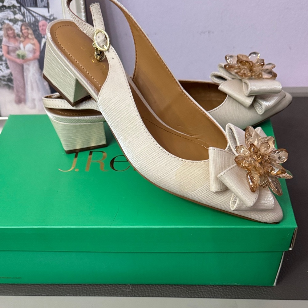 J.Renee Cream Slingback Heels with Crystal Bow